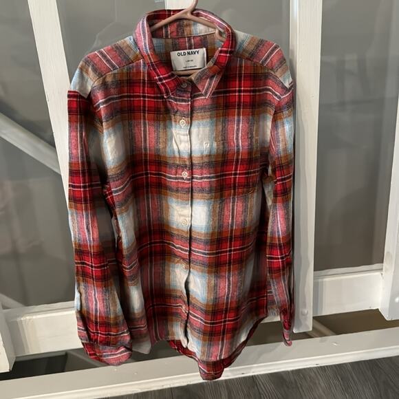 Old Navy Red Plaid Flannel Button Down and Light Orange Ribbed Tie Front Top - Picture 8 of 12
